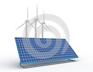 Renewable energy concept with grid connections solar panels and wind turbines. 3d rendered illustration