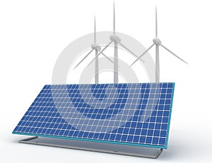 Renewable energy concept with grid connections solar panels and wind turbines. 3d rendered illustration