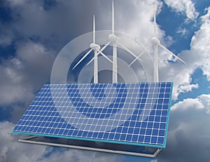 Renewable energy concept with grid connections solar panels and wind turbines. 3d rendered illustration