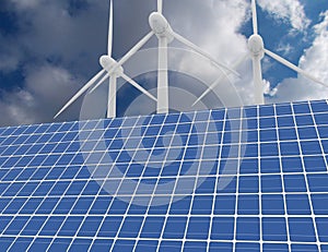 Renewable energy concept with grid connections solar panels and wind turbines. 3d rendered illustration