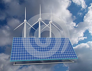 Renewable energy concept with grid connections solar panels and wind turbines. 3d rendered illustrationr