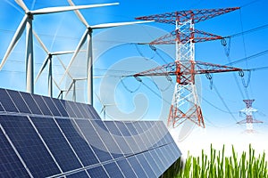 Renewable energy concept with grid connections solar panels and wind turbines photo