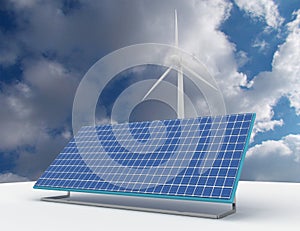 Renewable energy concept with grid connections solar panels and wind turbines. 3d rendered illustration