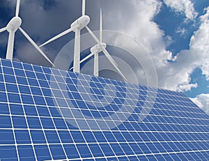 Renewable energy concept with grid connections solar panels and wind turbines. 3d rendered illustration