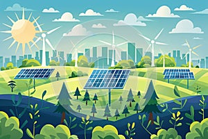 Renewable energy concept illustration with wind turbines and solar panels in nature