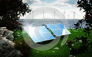 Renewable energy concept - photovoltaic and offshore wind turbines. 3d rendering.