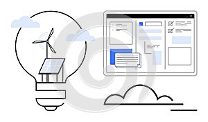 Renewable Energy Concept with Solar Panel, Wind Turbine, and Digital Dashboard Interface