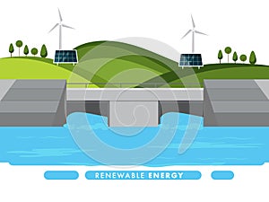 Renewable Energy Concept With Solar Panel, Windmill And Natural Landscape Bridge Background