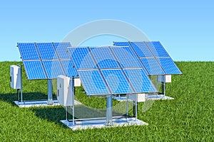 Renewable energy concept. Solar panels in the green grass against blue sky, 3d rendering