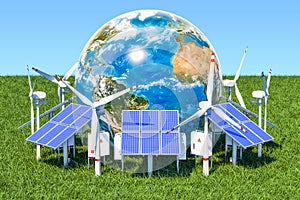 Renewable energy concept. Solar panels and wind turbines around