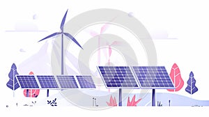 Renewable energy concept with solar panels and wind turbines, banner