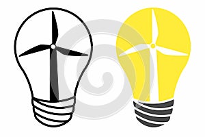 Renewable energy concept vector flat illustration. Windmills wind turbines and green trees inside of light bulb