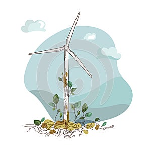 Renewable energy concept. Wind turbine with tree roots and green leaves,vector illustration.