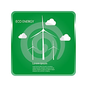 Renewable Energy Concept - Wind Turbines And Clouds With Green Background