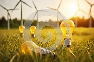 Renewable Energy Concept. Wind Turbines with Illuminated Light Bulbs on Vibrant Green Grass