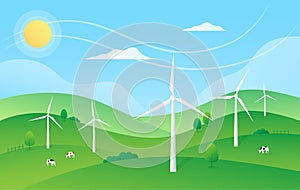 Renewable energy, ESG concept. Green landscape with wind turbines. Gradient. Cute illustration