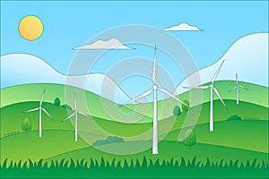 Renewable energy, ESG concept. Green landscape with wind turbines. Gradient. Vector illustration