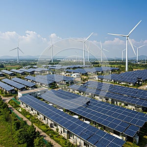 A renewable energy facility with large solar panel arrays covering building rooftops photo