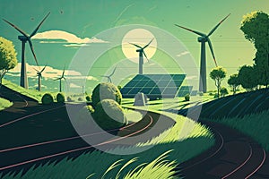 Renewable energy and green energy concept, represented by landscape with solar panels and wind turbines.