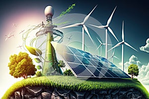 Renewable energy and green energy illustration concept, represented by landscape with solar panels and wind turbines.