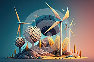 Renewable energy and green energy illustration concept, represented by landscape with solar panels and wind turbines.
