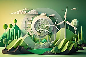 Renewable energy and green energy illustration concept, represented by landscape with solar panels and wind turbines. Paper art