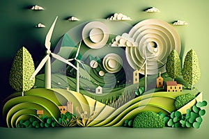 Renewable energy and green energy illustration concept, represented by landscape with solar panels and wind turbines. Paper art.