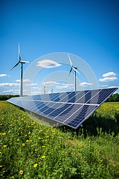 Renewable Energy Harmony: Solar Panel and Wind Turbine in a Serene Green Landscape