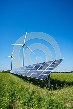 Renewable Energy Harmony: Solar Panel and Wind Turbine in a Serene Green Landscape