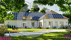Renewable energy house concept with solar roof and wind turbine, 3d render