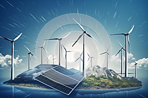 Renewable Energy Landscape Concept with Solar panels and Wind turbines representing the use of renewable energy. Ai generated