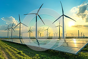 Renewable Energy Landscape with Wind Turbines and Solar Panels. Landscape with solar panels and wind turbines against