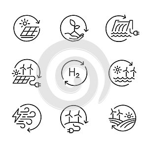 Renewable energy line icon logo set. Wind, solar, hydro, wave, hydrogen, clean energy resources icons in round format.