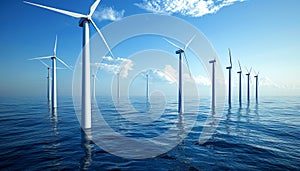 Renewable energy from offshore wind farm in vast blue ocean with white turbines under clear skies.