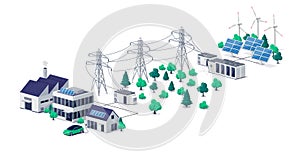 Power distribution transmission of renewable electricity solar energy grid with buildings photo