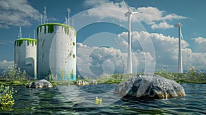 Renewable Energy Production Facility. Green hydrogen gas for clean electricity from solar and wind turbines photo