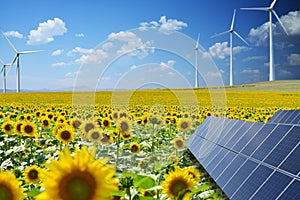 Renewable energy resources in natural environment with sunflower field, photovoltaic panels and windmills photo