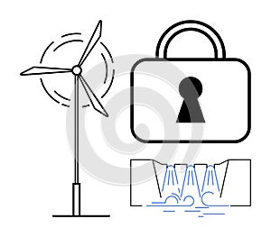 Renewable Energy and Security Themes with Wind Turbine, Padlock, and Hydropower Elements photo