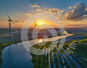 renewable energy solutions featuring solar panels wind turbines and hydroelectric power plants