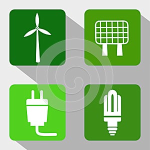 Renewable Energy Sources Icons - Windmill, Solar Panel, Electricity and Modern Light Bulb