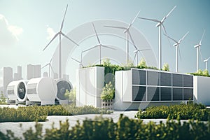 Renewable energy sources include wind turbines, solar panels, heat pumps and other types of clean energy.
