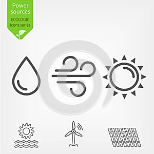 Renewable energy sources sun, wind, and water with a windmill, water turbine, and solar panel outline vector icons