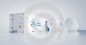 Renewable energy storage - hydrogen gas to clean electricity facility situated on white background.