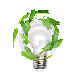Renewable energy, sustainability, ecology concept. Light bulb and green plant on white background