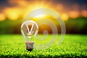 Renewable energy symbol: an eco friendly light bulb on green grass, copy space
