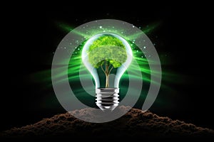 Renewable energy symbol: tree inside earth friendly light bulb