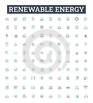 Renewable energy vector line icons set. Solar, Wind, Hydro, Biomass, Geothermal, Tidal, Wave illustration outline