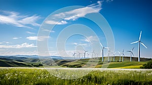 A renewable energy wind farm, with spinning turbines in a green field as the background context, during a windy day
