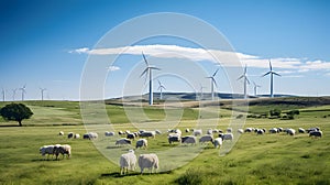 A renewable energy wind farm, with spinning turbines in a green field as the background context, during a windy day