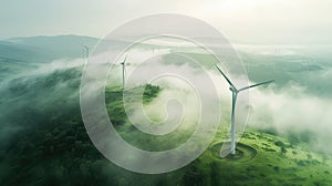 Renewable energy wind farm with windmill turbines in a green field on a foggy morning